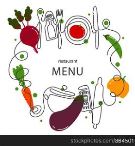 One line drawing concept for a restaurant menu. Continuous line art of knife, fork, plate, pan, spoon, grater, ladles, rolling pin. Vector illustration. One line drawing concept for a restaurant menu. Continuous line art of knife, fork, plate, pan, spoon, grater, ladles, rolling pin