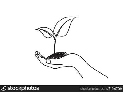 One line drawing of sprout in hand. Continuous line growing plant in hand palm.