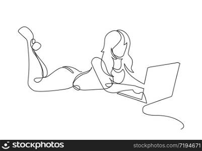 one line drawing of woman lying with laptop