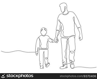 One line father. Dad walking with son. Fatherhood poster with man and child holding hands. Continuous lines happy fathers day vector concept. Cheerful male parent with carefree toddler. One line father. Dad walking with son. Fatherhood poster with man and child holding hands. Continuous lines happy fathers day vector concept