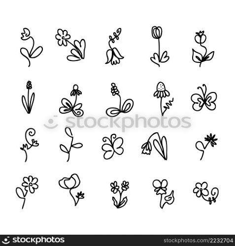 One line flower doodle icons for decorative design. Outline simple vector illustration for decorative design.