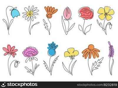 One line flowers. Continuous lines minimalist flower elements. Artwork drawing, botanical simple floral daisy. Blossom nature decent vector set of flower sketch graphic summer. One line flowers. Continuous lines minimalist flower elements. Artwork drawing, botanical simple floral daisy. Blossom nature decent vector set