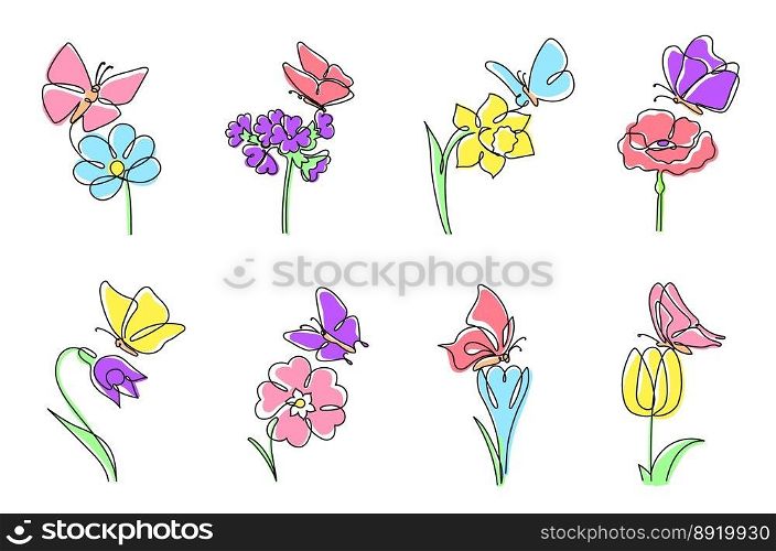 One line flowers with butterflies. Daffodil and tulip with butterfly on top, blooming flower and minimalistic spring vector illustration set. Beautiful floral blossom with insects, natural elements. One line flowers with butterflies. Daffodil and tulip with butterfly on top, blooming flower and minimalistic spring vector illustration set