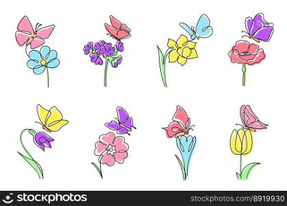 One line flowers with butterflies. Daffodil and tulip with butterfly on top, blooming flower and minimalistic spring vector illustration set. Beautiful floral blossom with insects, natural elements. One line flowers with butterflies. Daffodil and tulip with butterfly on top, blooming flower and minimalistic spring vector illustration set