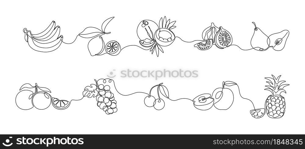 One line fruits. Continuous line exotic pineapple banana citrus pear and grape, trendy monoline healthy food. Vector illustration fruit isolated set art continuous lines element. One line fruits. Continuous line exotic pineapple banana citrus pear and grape, trendy monoline healthy food. Vector fruit isolated set