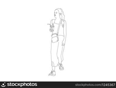 One line hand drawing of woman holding bags and coffee on the street are shoping