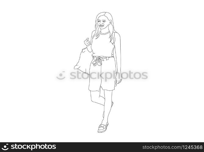 One line hand drawing of woman holding plastic bags on the street are shoping Illustrator picture.