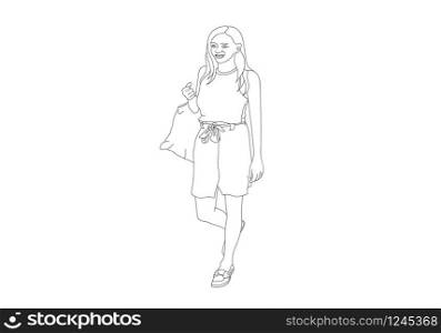 One line hand drawing of woman holding plastic bags on the street are shoping Illustrator picture.