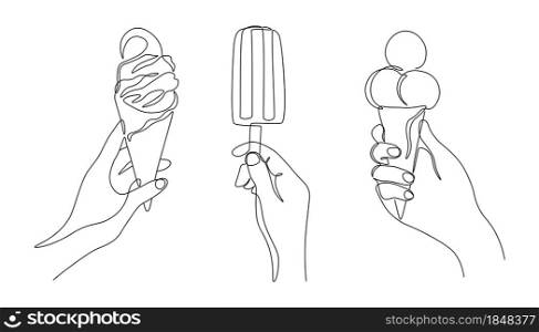 One line ice cream. Continuous line summer cold desserts, female hand holding sweet popsicle. Vector trendy monoline concept refresh gelato on white background. One line ice cream. Continuous line summer cold desserts, female hand holding sweet popsicle. Vector trendy monoline concept