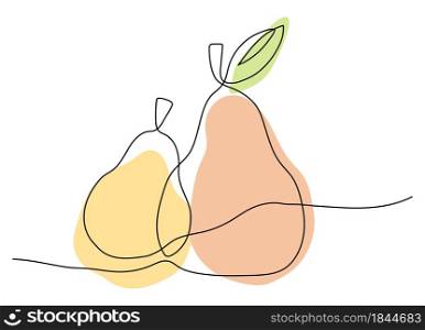 One line pear with leaf. Fruit sketch. Vector illustration. Vegan food