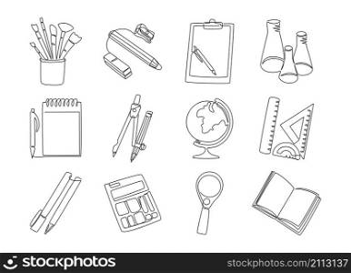 One line school supplies. Trendy continuous line collection of brushes book glass pen and pencil. Vector isolated set tools for learning education schools. One line school supplies. Trendy continuous line collection of brushes book globe chemistry glass pen and pencil. Vector isolated set