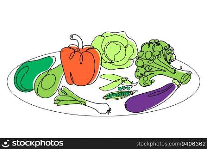 One line vegetables composition. Natural plant cooking raw ingredients. Healthy vegan nutrition. Hand drawn pepper broccoli avocado and eggplant. Vitamin fresh vegetarian product. Vector illustration. One line vegetables composition. Natural plant cooking raw ingredients. Healthy vegan nutrition. Hand drawn pepper avocado and eggplant. Vitamin fresh vegetarian product. Vector illustration
