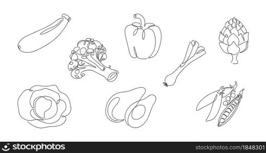 One line vegetables. Continuous monoline vegan meal and garden plants, healthy food from eco farm, avocado cabbage broccoli peas. Vector line isolated set illustration modern healthy garden agriculture. One line vegetables. Continuous monoline vegan meal and garden plants, healthy food from eco farm, avocado cabbage broccoli peas. Vector line isolated set