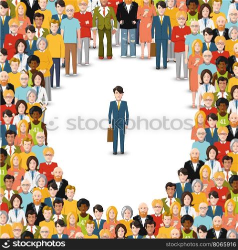 One man stayed in crowd, conceptual flat illustration
