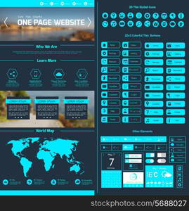 One page website design template with world map menu icons and navigation layout elements vector illustration