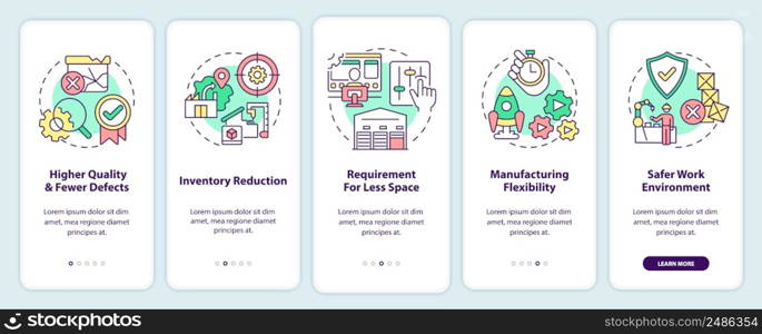 One piece flow advantages in manufacturing onboarding mobile app screen. Walkthrough 5 steps graphic instructions pages with linear concepts. UI, UX, GUI template. Myriad Pro-Bold, Regular fonts used. One piece flow advantages in manufacturing onboarding mobile app screen
