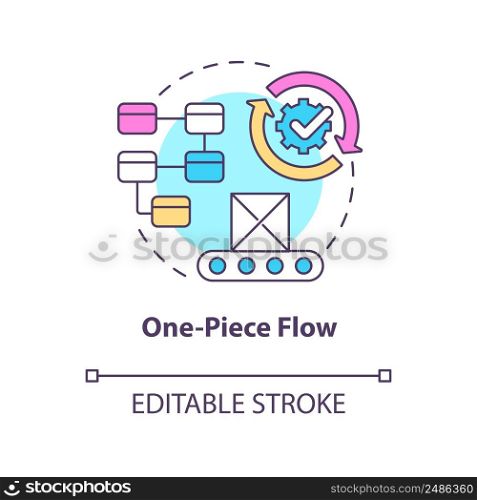 One piece flow concept icon. Continuous production. Lean manufacturing principle abstract idea thin line illustration. Isolated outline drawing. Editable stroke. Arial, Myriad Pro-Bold fonts used. One piece flow concept icon