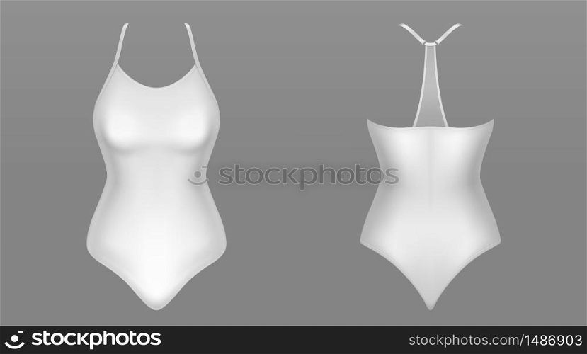 One piece woman swimsuit front and back view. Vector realistic mockup of female beach clothing, suit for swim in sea or pool. White lingerie, beachwear or sport uniform isolated on gray background. One piece woman swimsuit front and back view