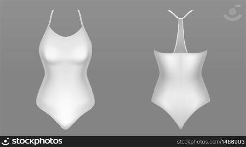 One piece woman swimsuit front and back view. Vector realistic mockup of female beach clothing, suit for swim in sea or pool. White lingerie, beachwear or sport uniform isolated on gray background. One piece woman swimsuit front and back view