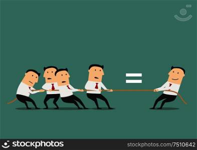 One qualified businessman or leader is equal a group of ordinary businessmen, for human resources or leadership concept design. Cartoon style. Businessman competing with group of businessmen