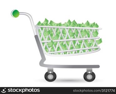 one shopping cart filled with money