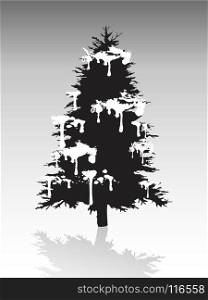 one single black Christmas tree silhouette covered with snow on gray background