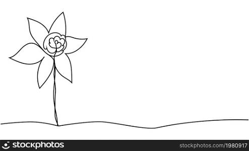 One single line drawing of beauty fresh narcissus for garden. Printable decorative daffodil flower concept. Trendy continuous line draw design. One single line drawing of beauty fresh narcissus for garden logo. Printable decorative daffodil flower
