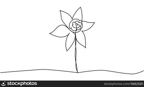 One single line drawing of beauty fresh narcissus for garden. Printable decorative daffodil flower concept. Trendy continuous line draw design. One single line drawing of beauty fresh narcissus for garden logo. Printable decorative daffodil flower