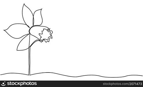 One single line drawing of beauty fresh narcissus for garden. Printable decorative daffodil flower concept. Trendy continuous line draw design. One single line drawing of beauty fresh narcissus for garden logo. Printable decorative daffodil flower