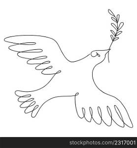 One single line drawing of fly dove bird with branch of the plant. Cute pigeon of peace. Dynamic continuous line draw design graphic vector illustration.. One single line drawing of fly dove bird vector illustration