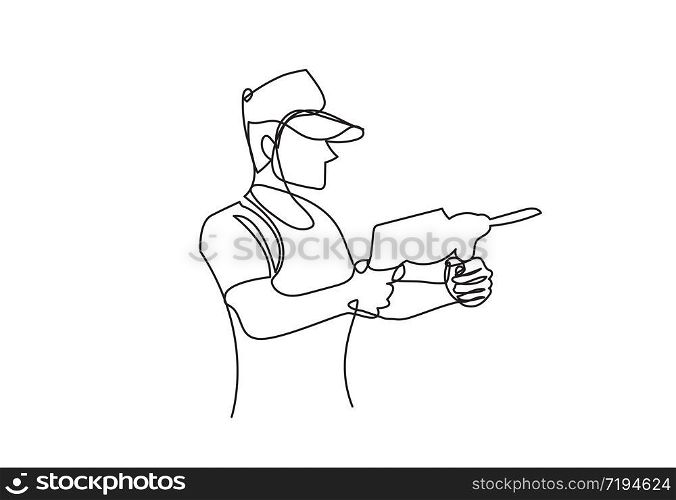 One single line drawing of young handyman wearing uniform while holding drill machine. Repairman construction maintenance service concept. Continuous line draw design