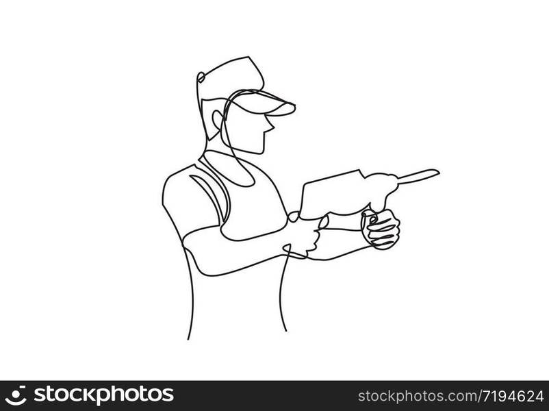 One single line drawing of young handyman wearing uniform while holding