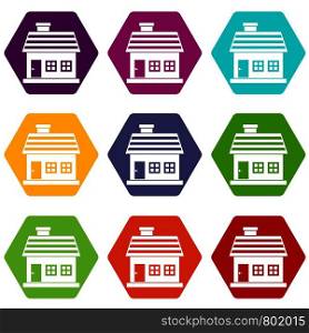 One-storey house icon set many color hexahedron isolated on white vector illustration. One-storey house icon set color hexahedron