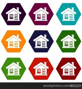 One-storey house with a chimney icon set many color hexahedron isolated on white vector illustration. One-storey house with a chimney icon set color hexahedron