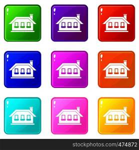 One-storey house with three windows icons of 9 color set isolated vector illustration. One-storey house with three windows icons 9 set