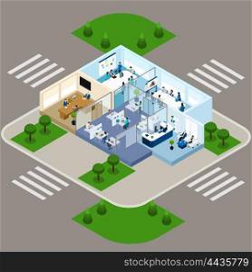 One Storied Office Isometric Interior Icon. Isometric scheme of abstract one storied office with open work space divided by glass walls vector illustration