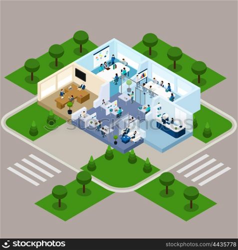 One Storied Office Isometric Interior. Isometric abstract scheme of ordinary one storied office with room interior staff and territory beside vector illustration