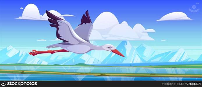 One stork fly above mountain valley with green field and river. Vector cartoon illustration of summer landscape with green grass, road, lake, rocks on horizon and flying ciconiidae bird. Stork fly above mountain valley with river