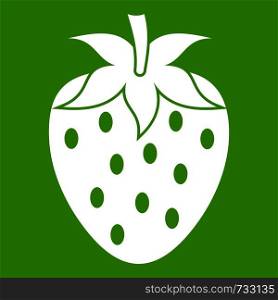 One strawberry berry icon white isolated on green background. Vector illustration. One strawberry berry icon green