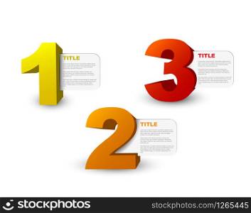 One two three - 3D vector progress icons for three steps and their description