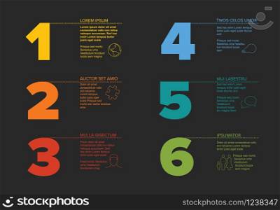 One two three four five six - vector dark progress steps template with descriptions and icons. Six steps progress template with nice typography