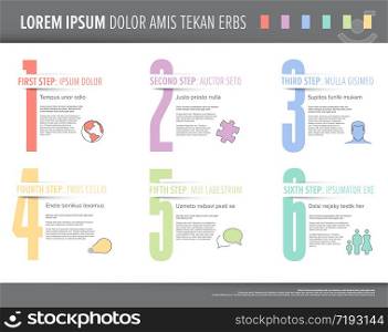 One two three four five six - vector light pastel progress steps template with big numbers, descriptions and icons