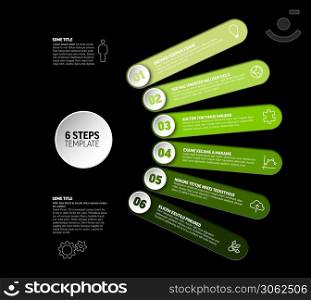 One two three four five six - vector progress steps template with descriptions and icons - green color version
