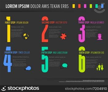 One two three four five six - vector progress steps template with big numbers, descriptions and icons