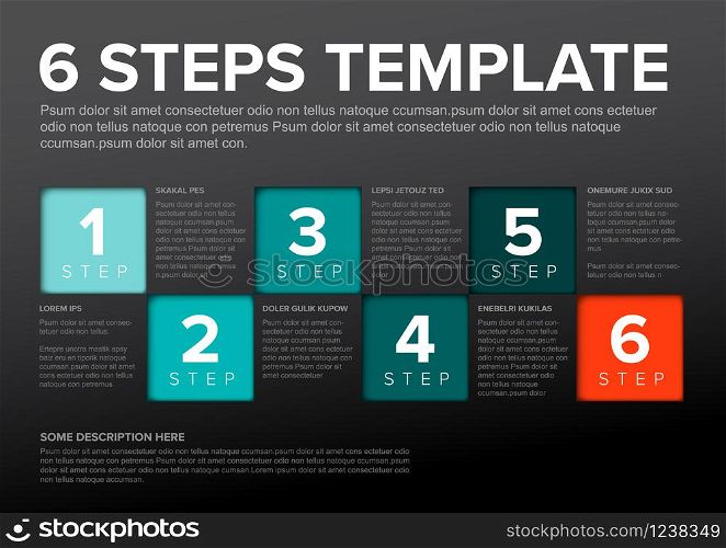 One two three four five six - vector squares progress steps template with descriptions and icons - dark teal red version