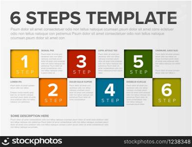 One two three four five six - vector squares progress steps template with descriptions and icons