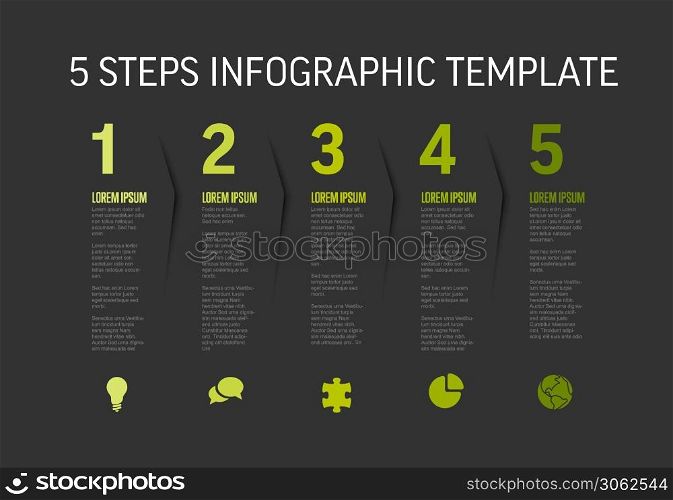 One two three four five - vector dark progress steps template with descriptions and icons