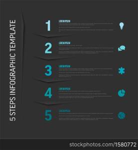 One two three four five - vector dark vertical progress steps template with descriptions and icons. Five simple blue steps process infographic template