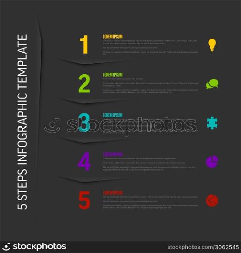 One two three four five - vector dark vertical progress steps template with descriptions and icons. Five simple color steps process infographic template