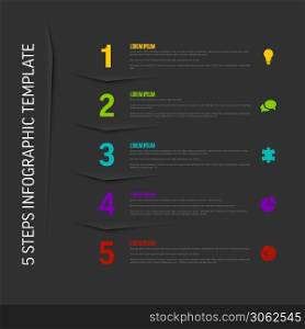 One two three four five - vector dark vertical progress steps template with descriptions and icons. Five simple color steps process infographic template